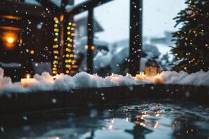 ai generado hermosa ver de al aire libre nadando piscina con nieve y Navidad decoración foto