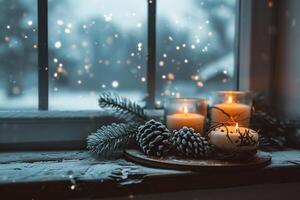 AI generated Christmas decoration with burning candles and fir branches on the windowsill. photo