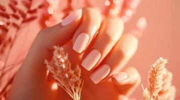 AI generated Beautiful female hands with pink nail design. Nail polish manicure. photo