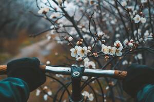 AI generated Bike with blooming apricot tree in spring time photo