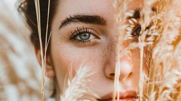 ai generado cerca arriba retrato de un hermosa joven mujer con largo marrón pelo en un trigo campo foto