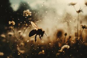 ai generado abeja en un flor en el prado en el rayos de el ajuste Dom foto
