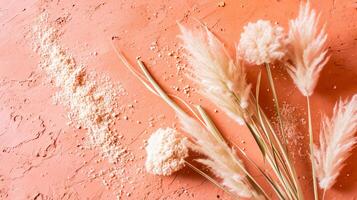 AI generated Pampas grass on red background. Flat lay, top view. photo