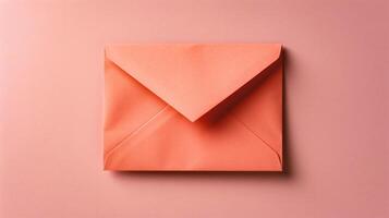 AI generated Top view of pink envelope on pink background. Minimal concept. photo