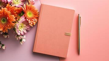 AI generated Notebook on pink background, top view, copy space for text photo