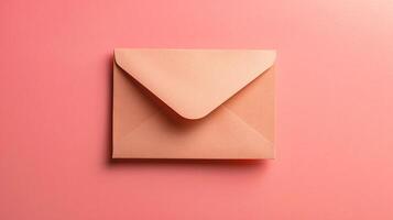 AI generated Top view of pink envelope on pink background. Minimal concept. photo