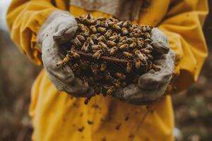 ai generado miel abejas en el manos de un niña en un amarillo suéter. foto