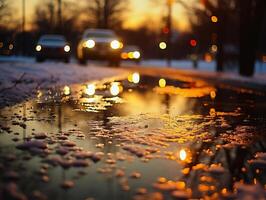 ai generado reflexión de carros en un charco en un calle en invierno foto