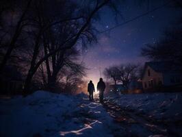 ai generado Niños caminando en invierno bosque a noche con estrellado cielo foto