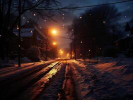 ai generado invierno la carretera en el pueblo a noche con luces y copos de nieve foto