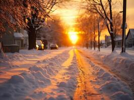 ai generado puesta de sol en el aldea. invierno paisaje. Nevado la carretera. foto