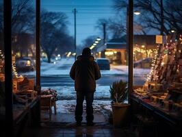 ai generado posterior ver de un hombre en pie en frente de un tienda ventana a noche en invierno foto