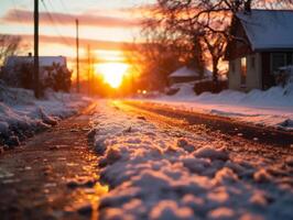 ai generado puesta de sol en el aldea. invierno paisaje. Nevado la carretera. foto