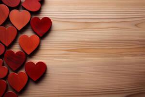 AI generated Valentine's day background with red hearts on wooden board. photo