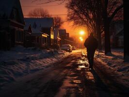 ai generado un hombre caminando en un Nevado la carretera a puesta de sol en el invierno. foto