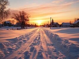 ai generado puesta de sol en el aldea. invierno paisaje. Nevado la carretera. foto