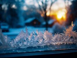 AI generated Frosty natural pattern on winter window glass. Winter background. photo