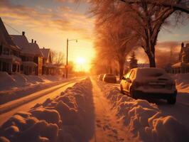 ai generado invierno la carretera cubierto con nieve a puesta de sol o amanecer en el ciudad. foto