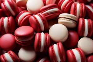 AI generated Macaroons background. Red and white macarons. Toned. photo