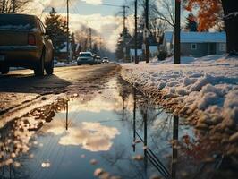 ai generado reflexión de carros en un charco en un calle en invierno foto
