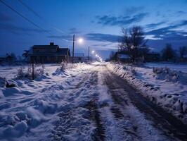 ai generado invierno paisaje con un la carretera en el pueblo a puesta de sol foto