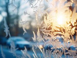 AI generated Frosty natural pattern on winter window glass. Winter background. photo