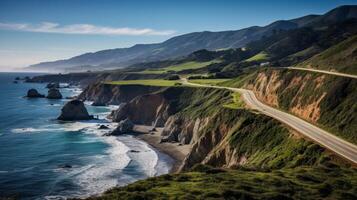 AI generated Scenic Coastal Road, Ocean View, Sunny Day photo