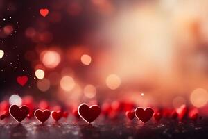 AI generated Valentines day background with red hearts on bokeh lights photo