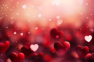 AI generated Valentines day background with red hearts on bokeh lights photo