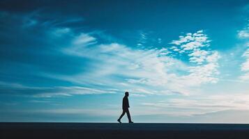 AI generated Man standing on the edge of a jetty with reflection in the water photo