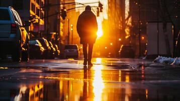 ai generado un hombre es caminando a lo largo un mojado calle en el ciudad a puesta de sol foto
