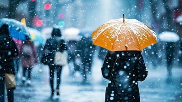 AI generated People with umbrellas walking on the street during heavy snowfall photo