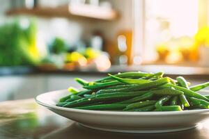 AI generated Fresh green beans in a bowl on the kitchen table. Healthy food. photo