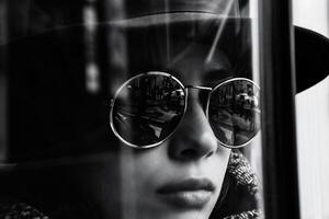 AI generated Black and white portrait of a young woman looking out the window. photo