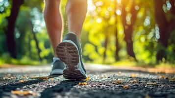 AI generated Runner feet on road in autumn nature. woman fitness jogging workout wellness concept. photo