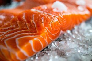 ai generado crudo Fresco salmón filete en hielo. superficial profundidad de campo foto