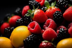 AI generated Close up of fresh fruits and berries on black background. Healthy food concept. photo