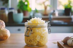 AI generated Sauerkraut in glass bowl on wooden table in kitchen photo