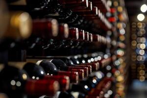 AI generated Wine bottles in a wine cellar, close-up, selective focus photo