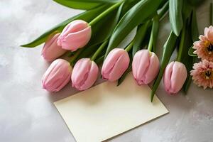 ai generado ramo de flores de rosado tulipanes con saludo tarjeta en blanco antecedentes foto