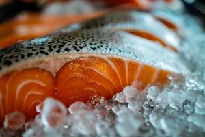 ai generado crudo Fresco salmón filete en hielo. superficial profundidad de campo foto