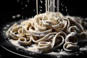 AI generated closeup of a plate of spaghetti with black sesame seeds on a black background photo