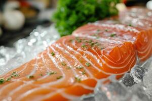 ai generado crudo Fresco salmón filete en hielo. superficial profundidad de campo foto