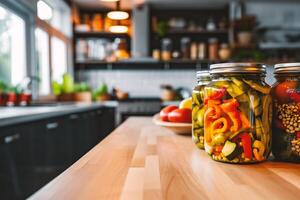 ai generado cerca arriba de un tarro de en escabeche vegetales en un cocina mostrador foto