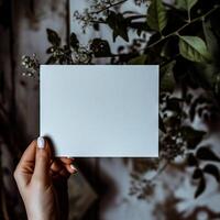 AI generated Female hand holding a white sheet of paper on a background of flowers photo