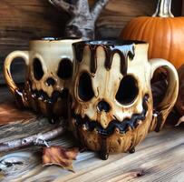 AI generated Halloween still life with pumpkins and cup of coffee on wooden background photo
