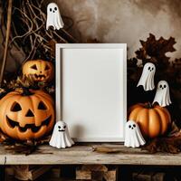 AI generated Halloween background with blank paper sheet, ghosts and pumpkins on wooden background photo