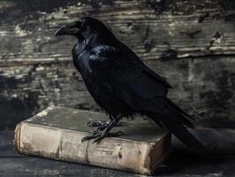 AI generated Black crow sitting on a stack of old books. Dark background. photo