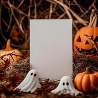 AI generated Halloween background with blank paper sheet, ghosts and pumpkins on wooden background photo