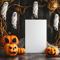 AI generated Halloween background with blank paper sheet, ghosts and pumpkins on wooden background photo